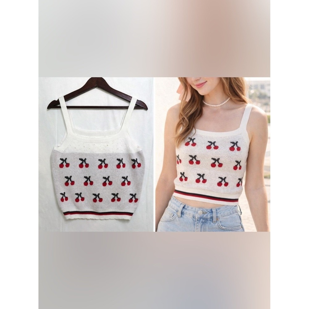 Listicle Cherry Knit Crop Tank Ivory Large Coquette Y2K Sweetheart Summer